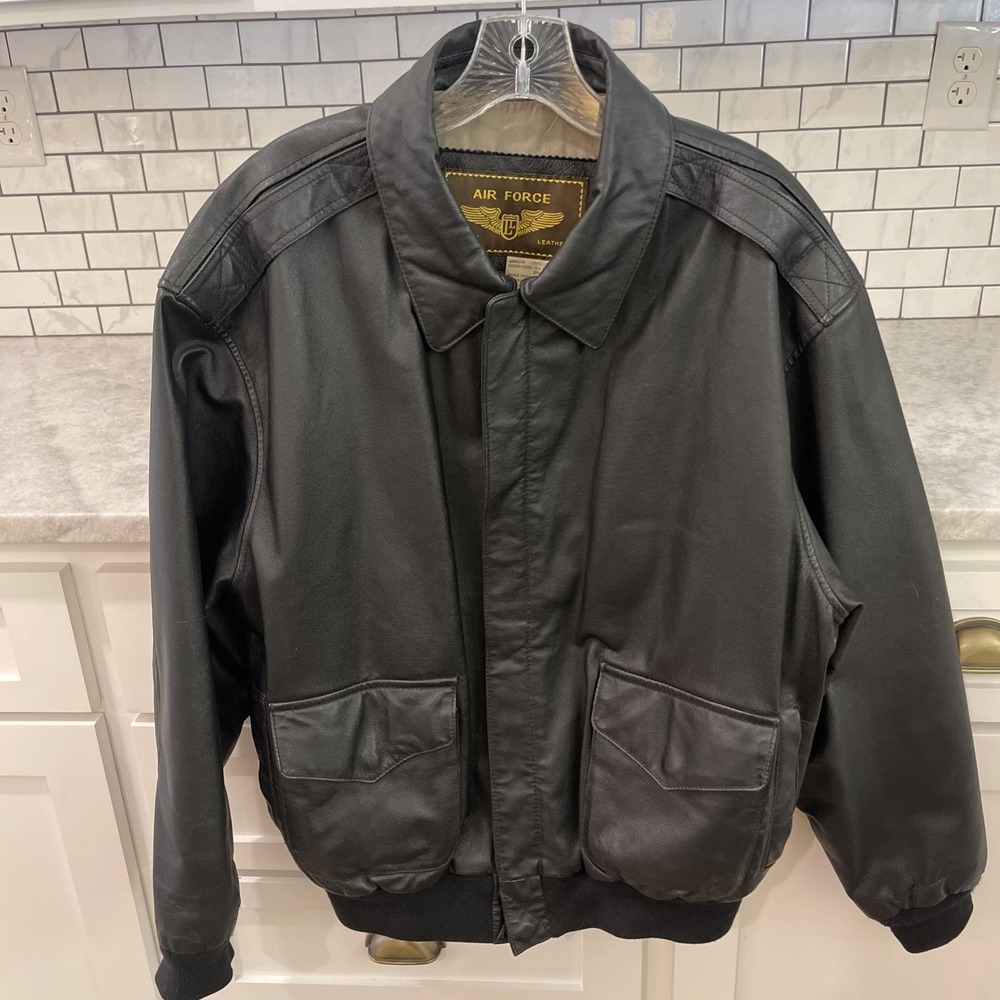 Air Force Landing Leather Jacket Mens Large Black  Bomber Military Flight